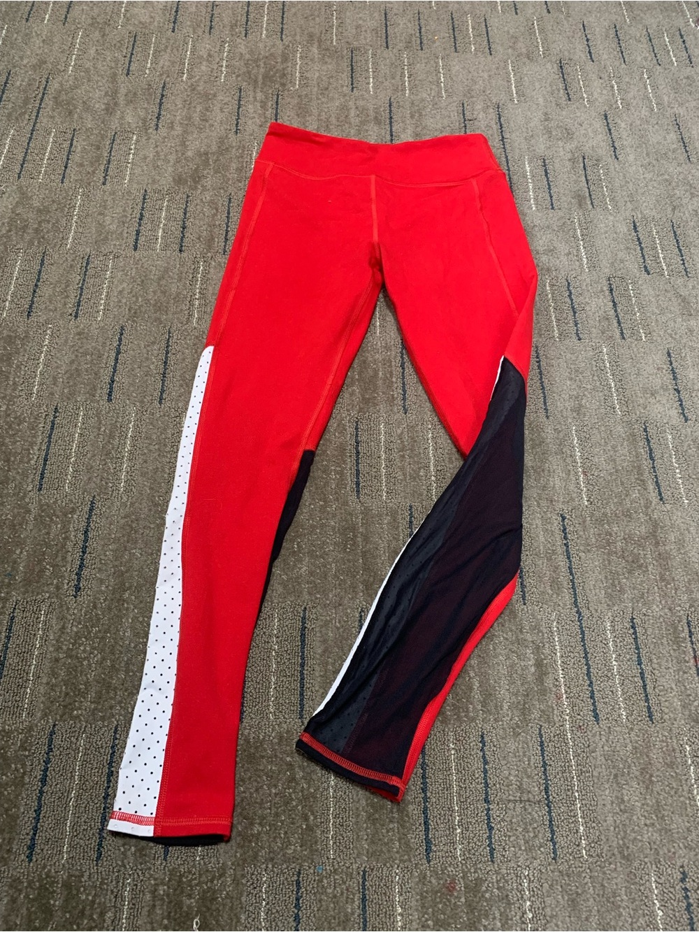 Zella Girl Red Leggings White Stripe Black Mesh Hidden Pocket Kids L 10/12